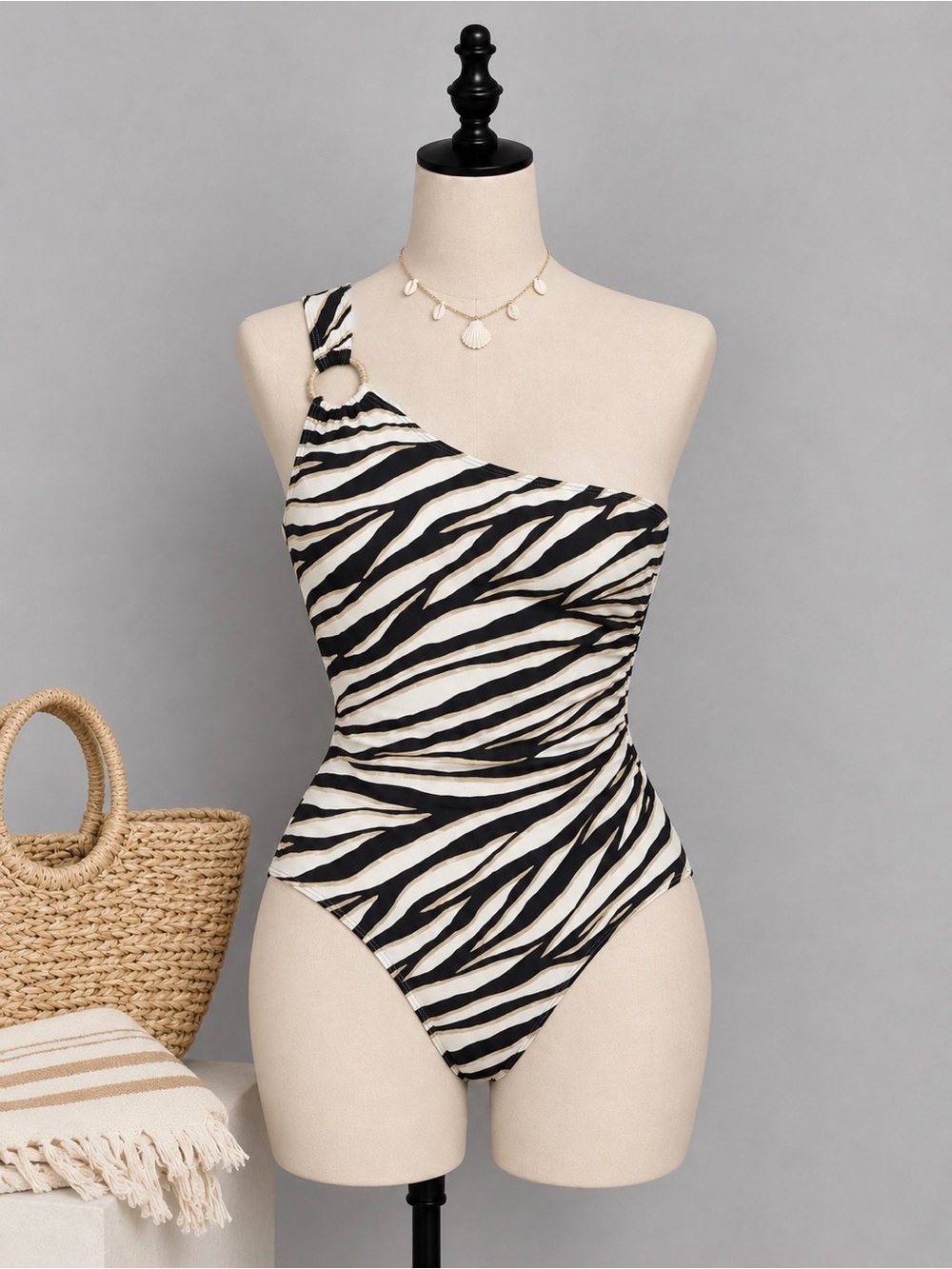 Micheal Kors One-Shoulder One-Piece (Gold/Zebra) Print Swimsuit